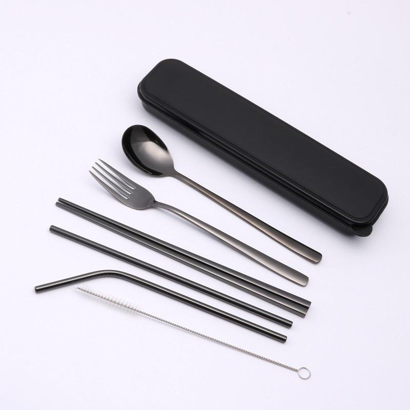 Travel Dinnerware Set 6 Pcs Stainless Steel Cutlery Student School Dinner Set With a Black Box
