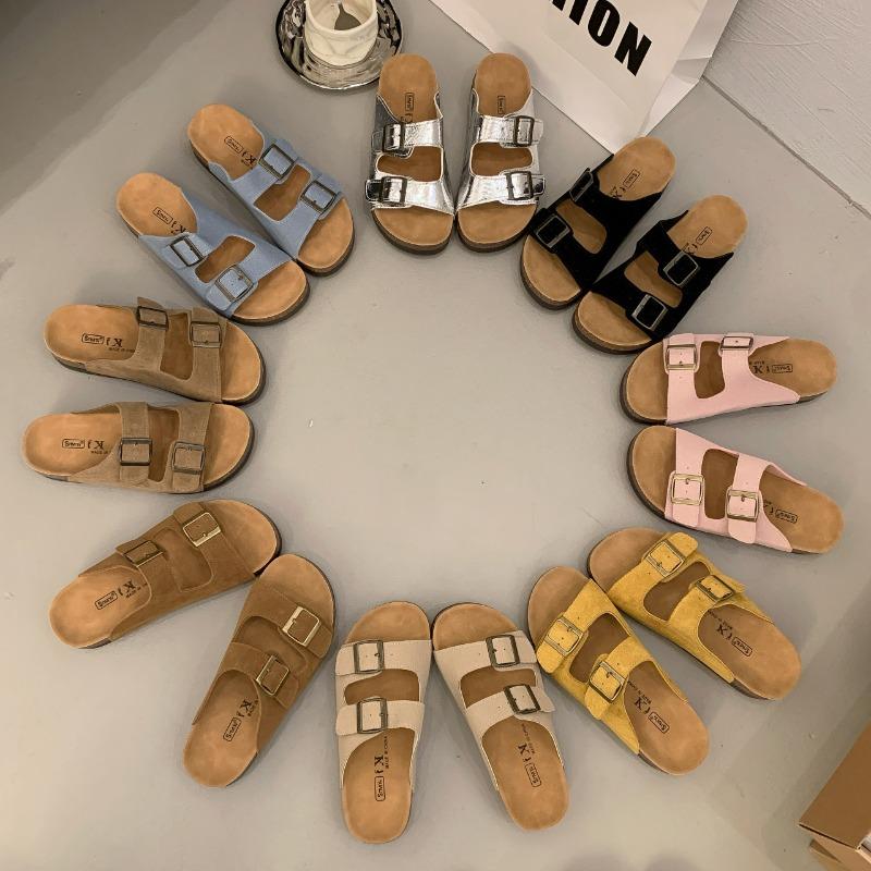 New Retro One-line Casual Beach Shoes for Women with Thick Soles and Soft Leather Slippers