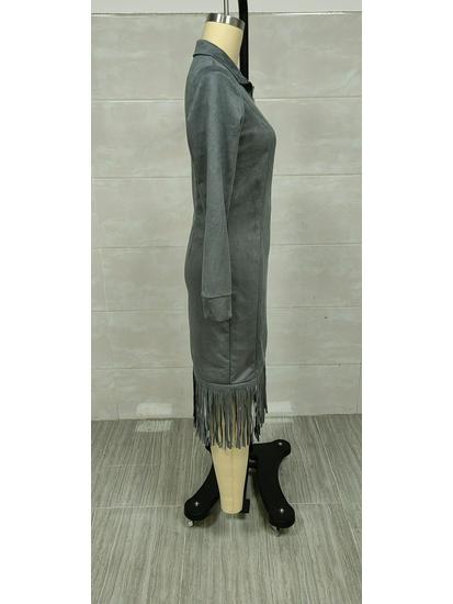 2025 Western Cowboy Style Suede Tassel Slim Fit Long Sleeve Dress