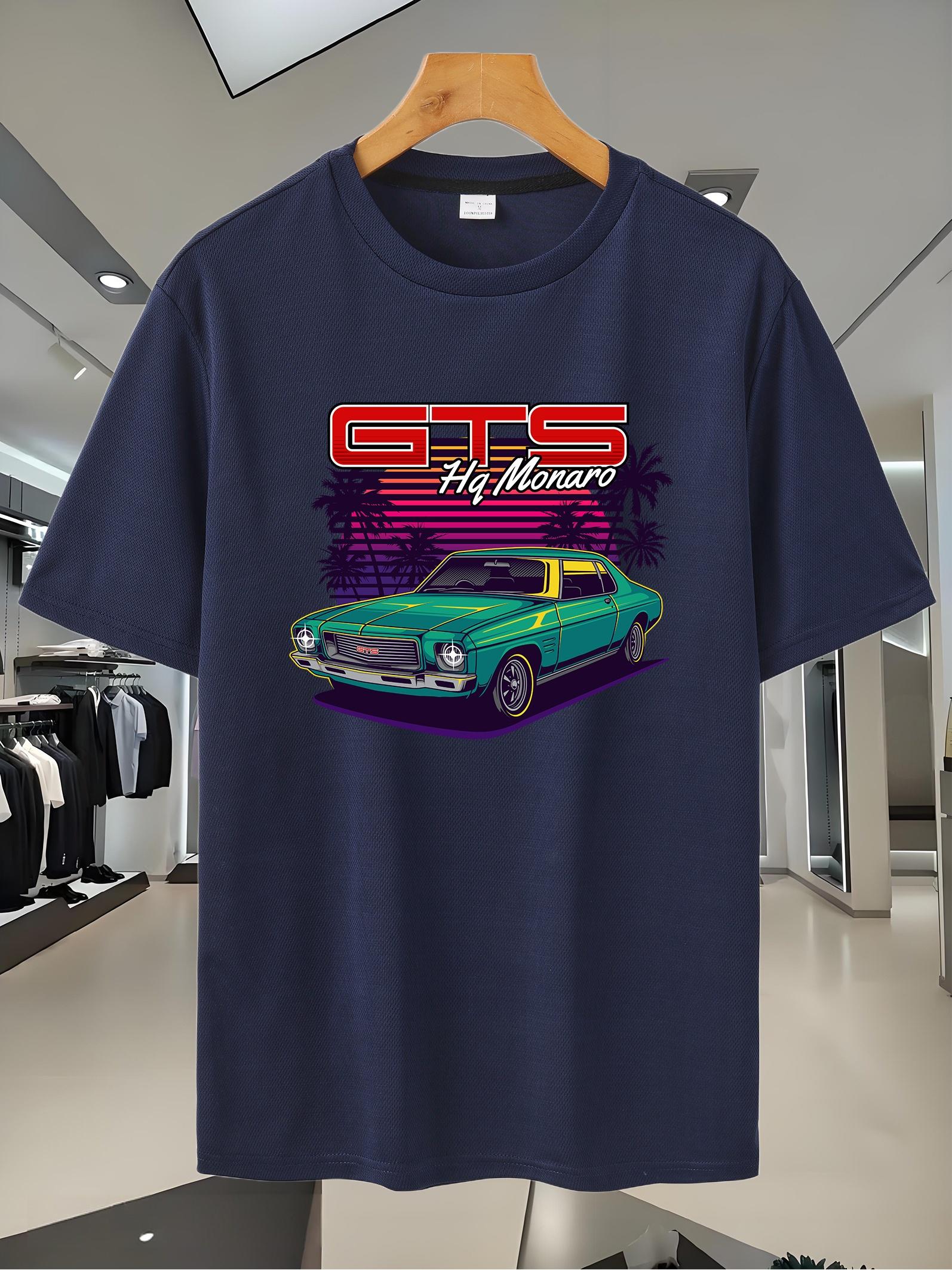 

91B Retro Muscle Car & Palm Tree Graphic T-shirt - Breathable Mesh Short Sleeve Tee for Gym XXL