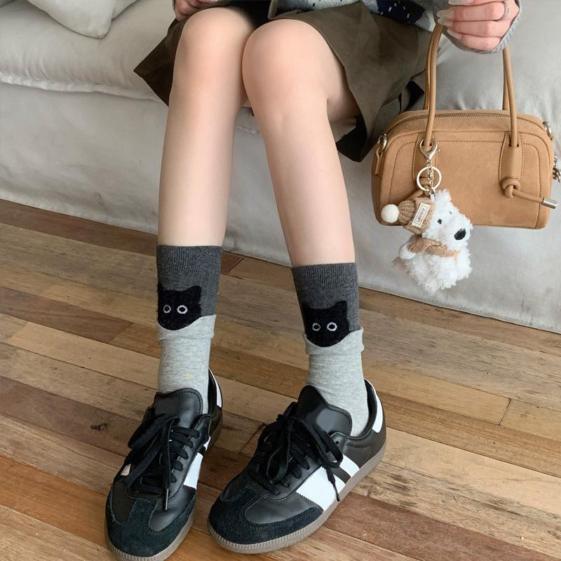 1 Paire Chaussettes Mi-Mollet Mignonnes Chatons Dessin Animé pour Femmes Filles Chaussettes en Coton Automne Hiver