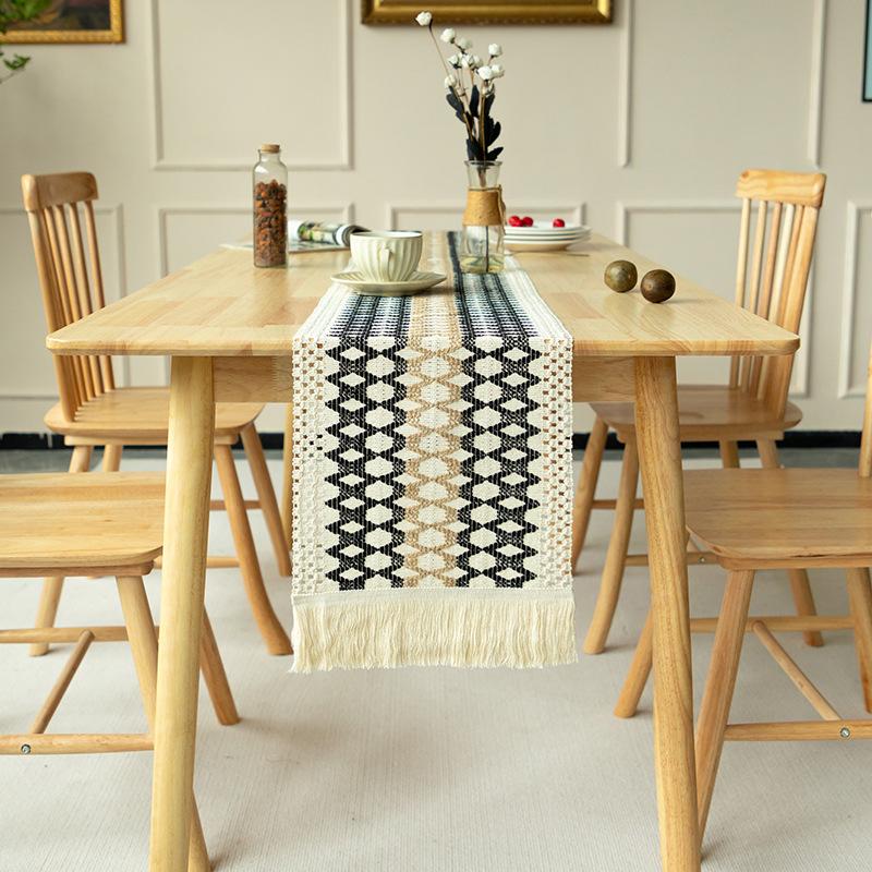 Bohemian Table Runner,Rustic Linen, Boho Table Runners,Braided Striped, Handmade Table Runners with Tassel for Wedding, Dinning