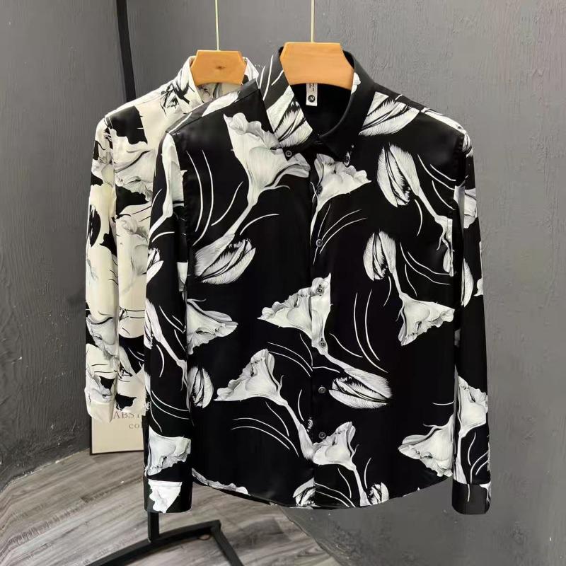 

Korean-Style Slim Fit Floral Print Non-Iron Long Sleeve Shirt Medium білий