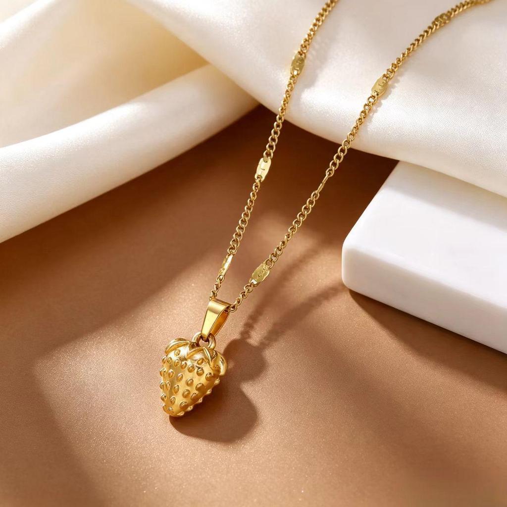 18K Gold Plated Titanium Strawberry Pendant Necklace for Women - Elegant, Durable, Colorfast Collarbone Chain