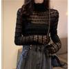Spring New Mesh Love Lace Base Shirt Korean Style Half High Collar Solid Color Hollow Long Sleeve Base Shirt