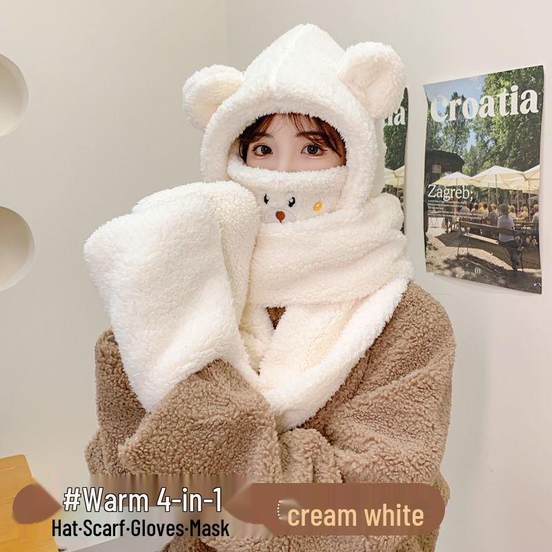 Korean-Style Cute Bear Plush Hat & Scarf Set for Women - Cozy Autumn/Winter Wear