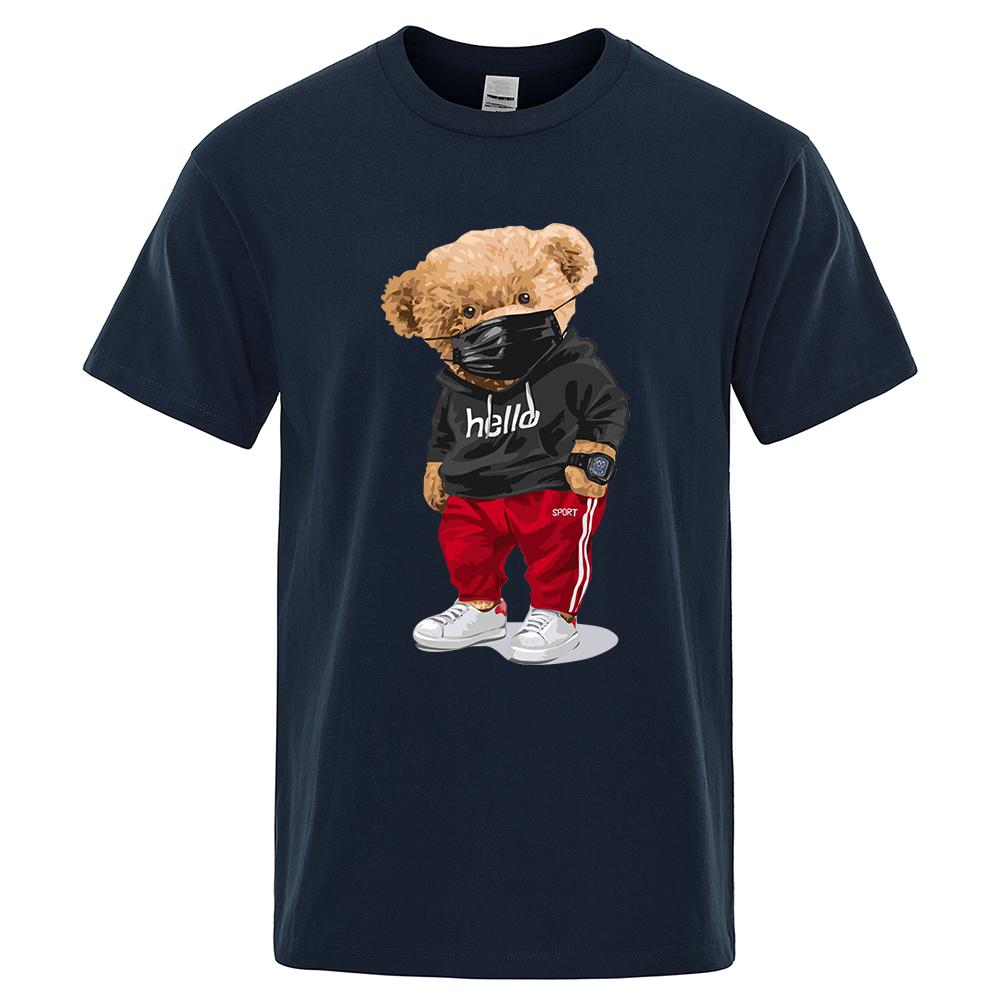 100% Cotton Sports Mask Bear Print Short-sleeved T-shirt male Half-sleeved Summer Casual Oversized T-shirt men Shirt S-3XL