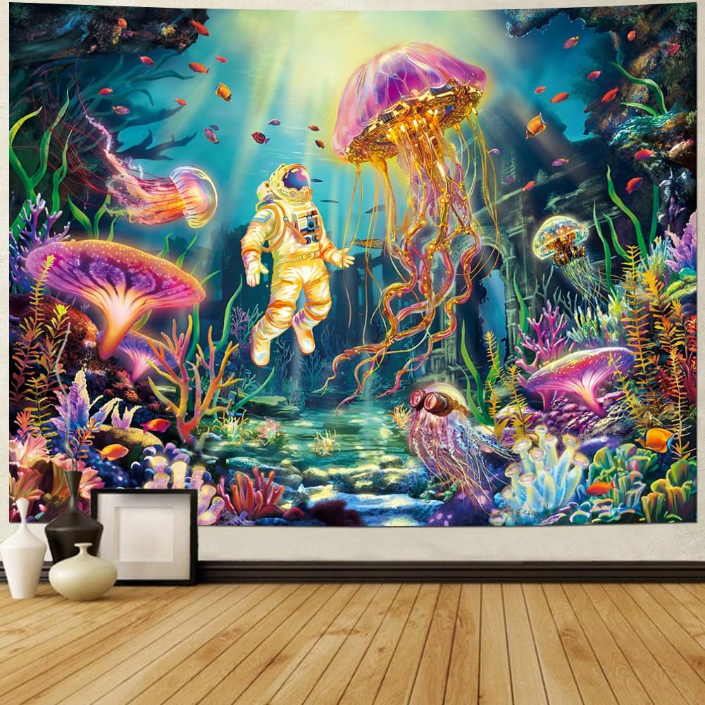 Lahasbja Blacklight Astronaut Tapestry UV Reactive Jellyfish Wall Hanging Fantasy Under The Sea World Wall Tapestries Aesthetic Neon Coral Plants