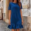 Women Velvet Short Sleeve Dress Ruffle Hem Crew Neck Loose Fit Soft Fabric Casual Style Comfortable Wear