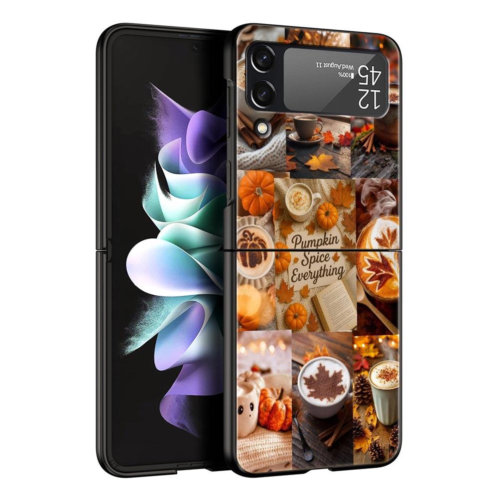 Pumpkin Autumn Leaves Coffee Hard PC Phone Case For Samsung Galaxy Z Flip 7 6 5 4 Black Cover For Galaxy Z Flip 3 Foldable Shell