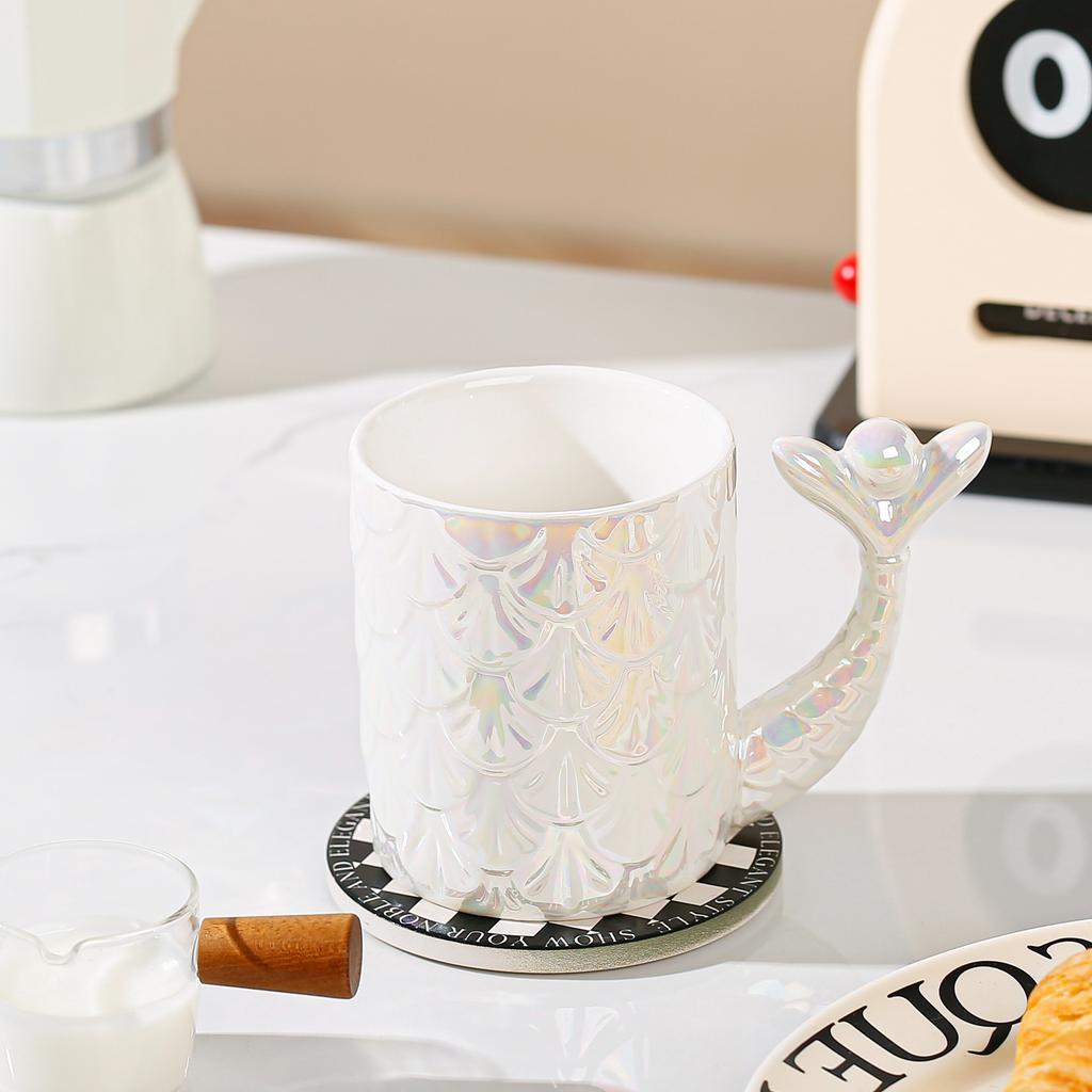 Personalized Mermaid Scale Relief Ceramic Cup Student Water Cup Gradient Mug High Temperature Resistant Office Cup Souvenir Gift