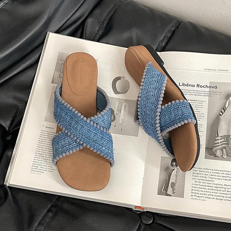 

Retro slope heel slippers women s summer wear portable cross belt Korean version versatile flat bottom one pedal slippers tide 35 синий