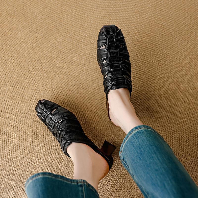 Fashion 2025 Summer New Genuine Leather Retro Semi-drag Mueller Slippers Woman Women's High Heel Square Toe Casual Shoes Women Slippers