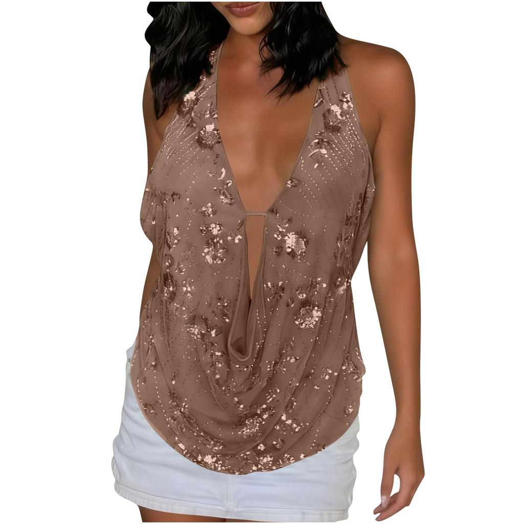 Ladies' Hollow Sequined V-neck Sleeveless Hanging Neck Backless Slim Fit Top