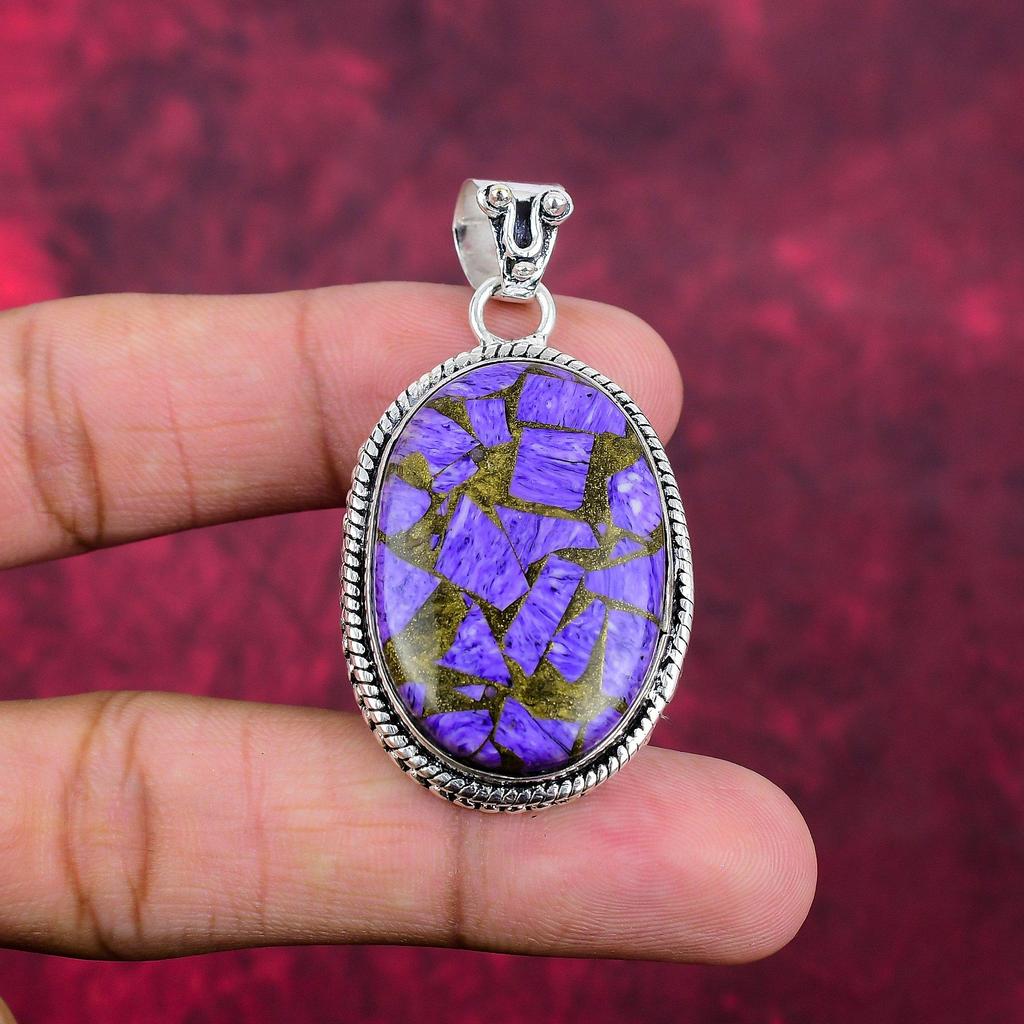 Kobber Charoite anheng edelstensmykker, 925 massivt sterlingsølv anheng, håndlaget gave til kone anhengsmykker