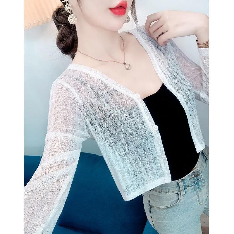Women's Sheer Knit V-Neck Cropped Cardigan Cover Up