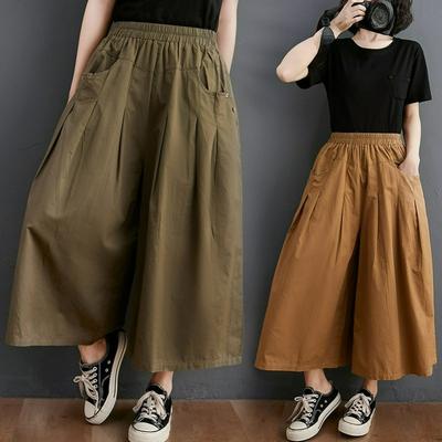 Summer Cotton Casual Pants, Elastic Waist, Thin Wide-leg Pants, Casual Culottes, Solid Color Wide-leg Pants