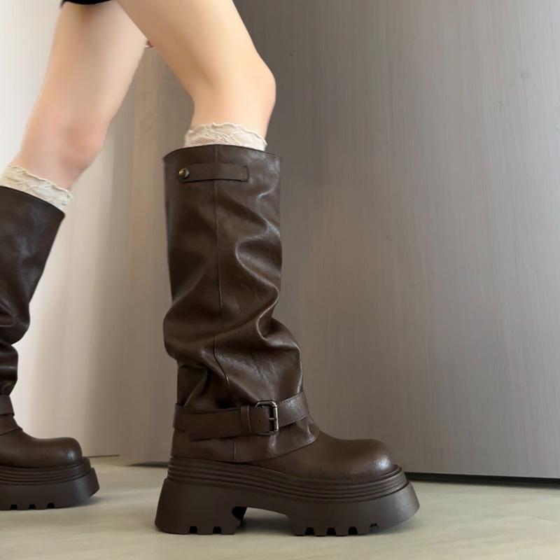 Fashion retro British style thick heel platform boots women's 2025 autumn and winter new simple and versatile height-increasing fashion boots