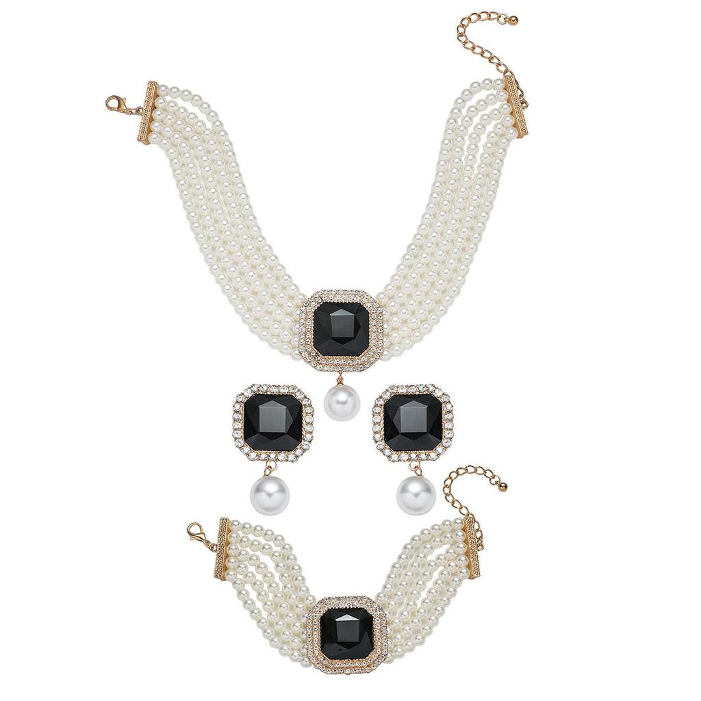 European Luxury Multi-Layer Faux Pearl & Crystal Jewelry Set – Necklace, Earrings, Bracelet - Colorful, Fashionable, and Exquisite Accessories