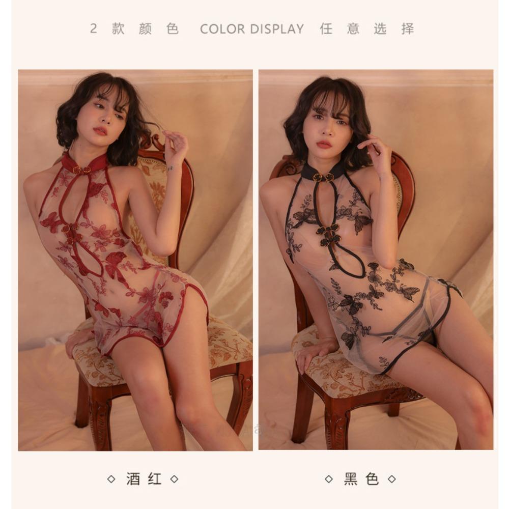 Sexy Perspective Cheongsam Butterfly Love Flower Embroidery Lingerie Pajamas Bed Passion Uniform Suit Women's Nightgown Clothes