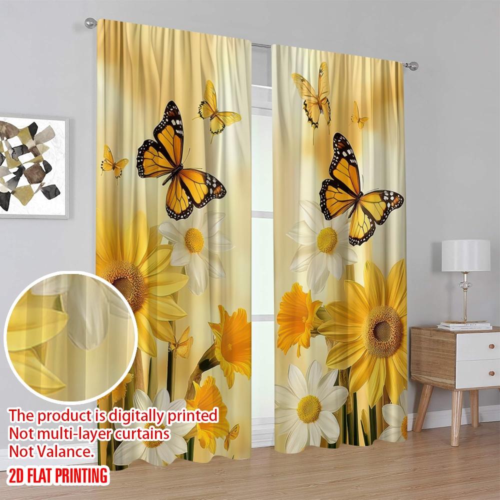 2D Flat Printing 2pcs Yellow Flower Butterfly Print Curtains Polyester For Living Room Kitchen And Dining Area Decor Privacy