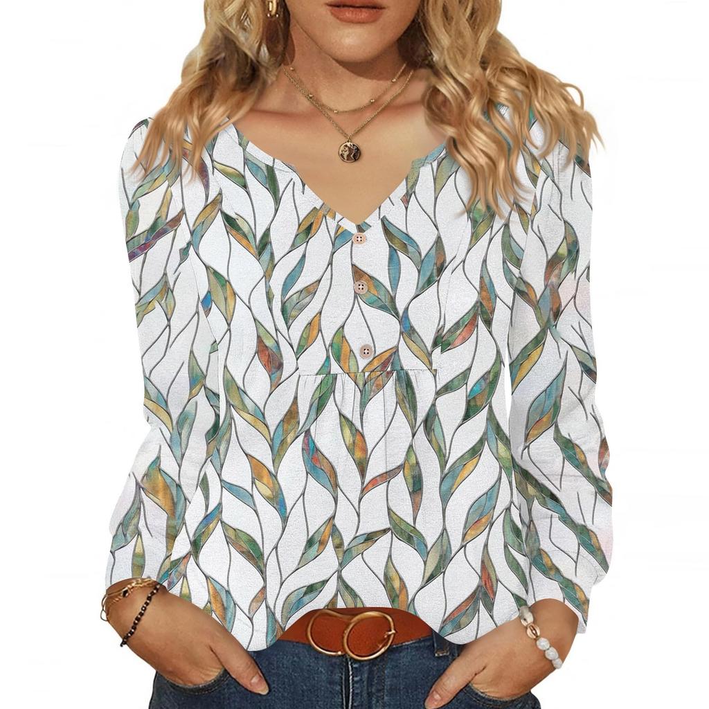 Women's Fashionable Casual V-neck Blouse Button Long-sleeved Pullover T-shirt Top