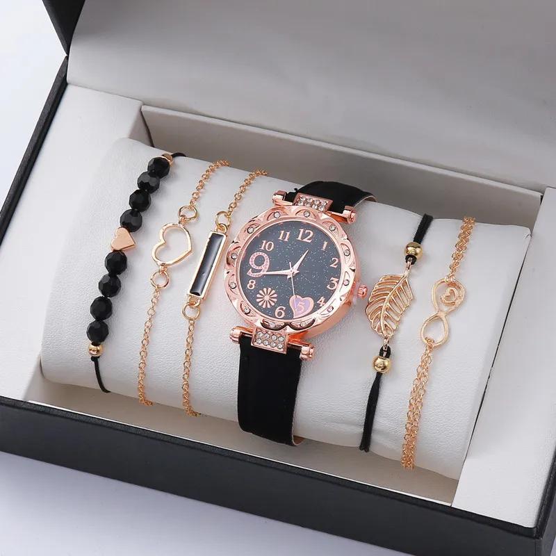New Fashion Watches for Women Ladies Simple Heart Dial Casual Female Luxury Analog WristWatches 6pcs Bracelet Set Gift No Box