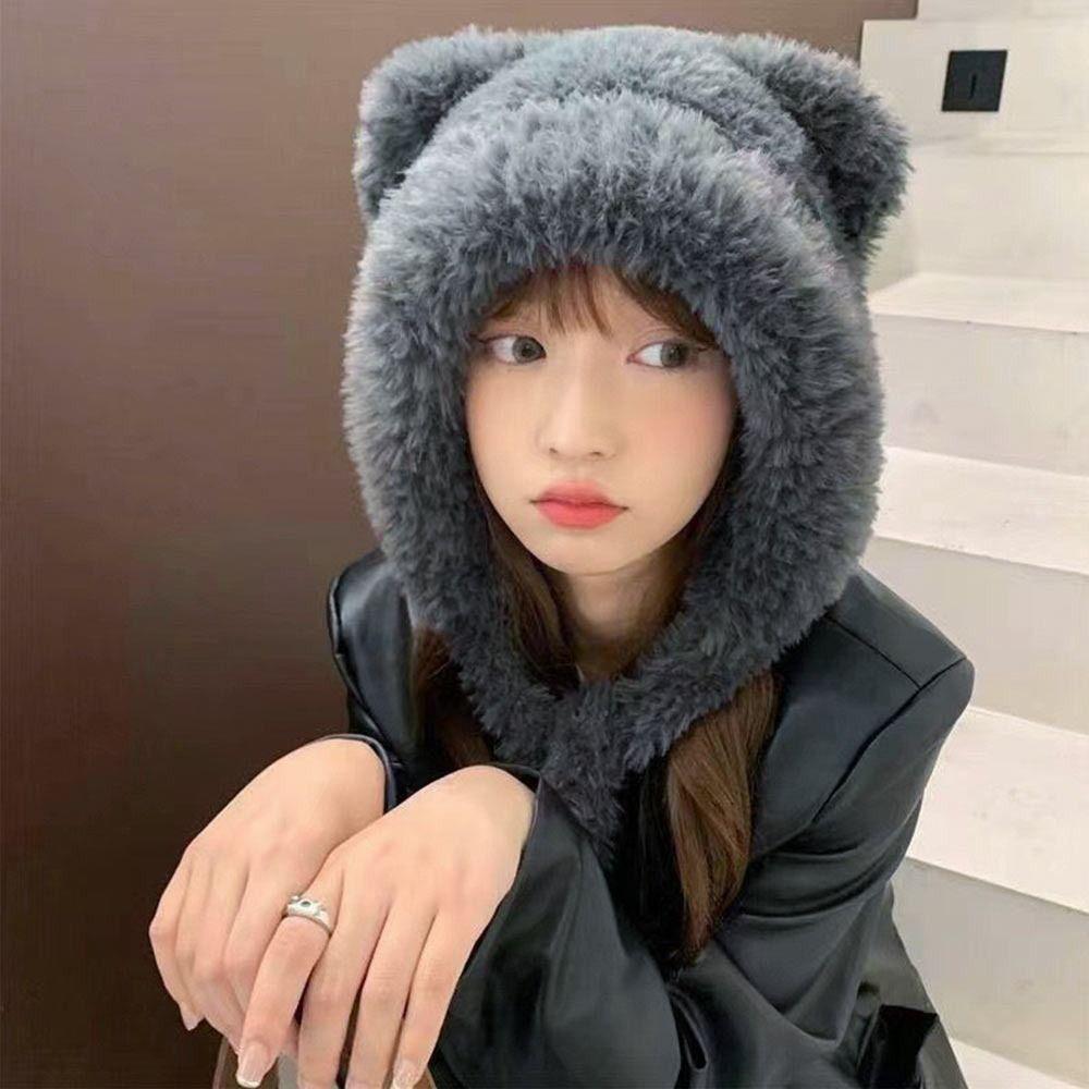 Fashion Cute Bear Ears Winter Hat Woolen Ear Protection Windproof Cap Velvet Lining Plush Bucket Hat for Women