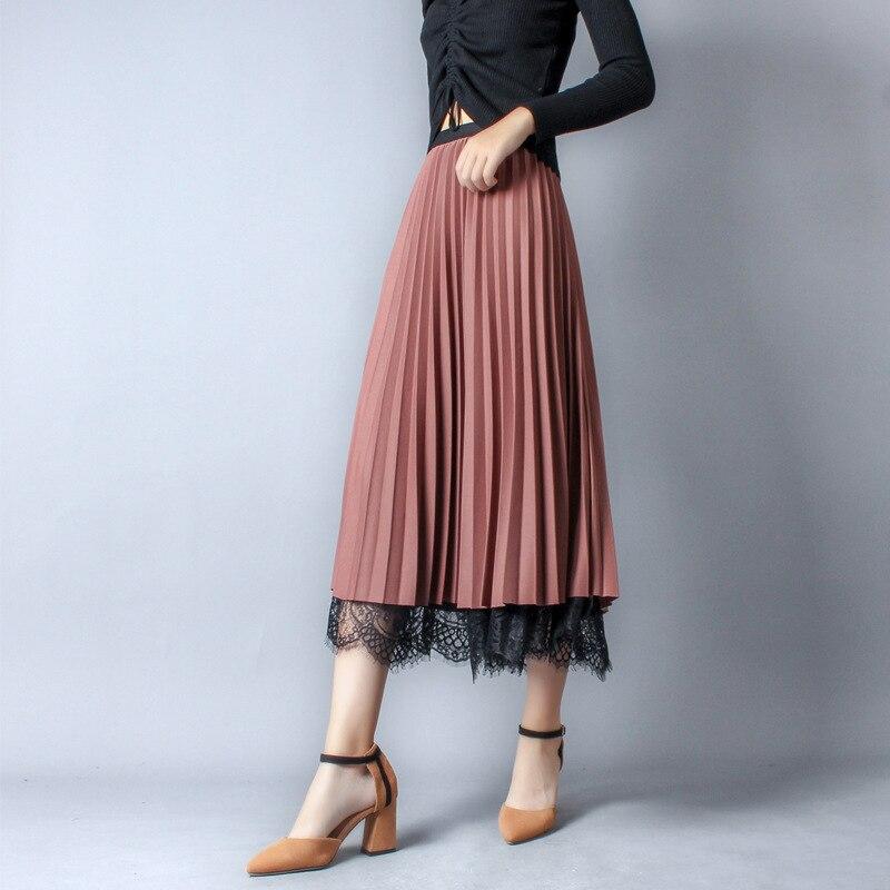 Fusta de vară cu talie înaltă din dantelă pentru femei, la modă, de culoare solidă, pe ambele părți, poartă fuste pentru femei, ocazional elegant, plisat, fustă lungă pentru damă 24936