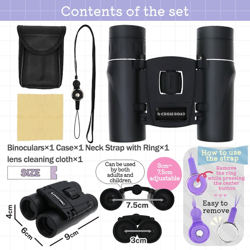 Crossroads 10x Perfect for Live Bird Stage Wild Opera with Case and Neck Strap Binoculars, Black, Magnification, Lightweight, Compact, Small, Mini,