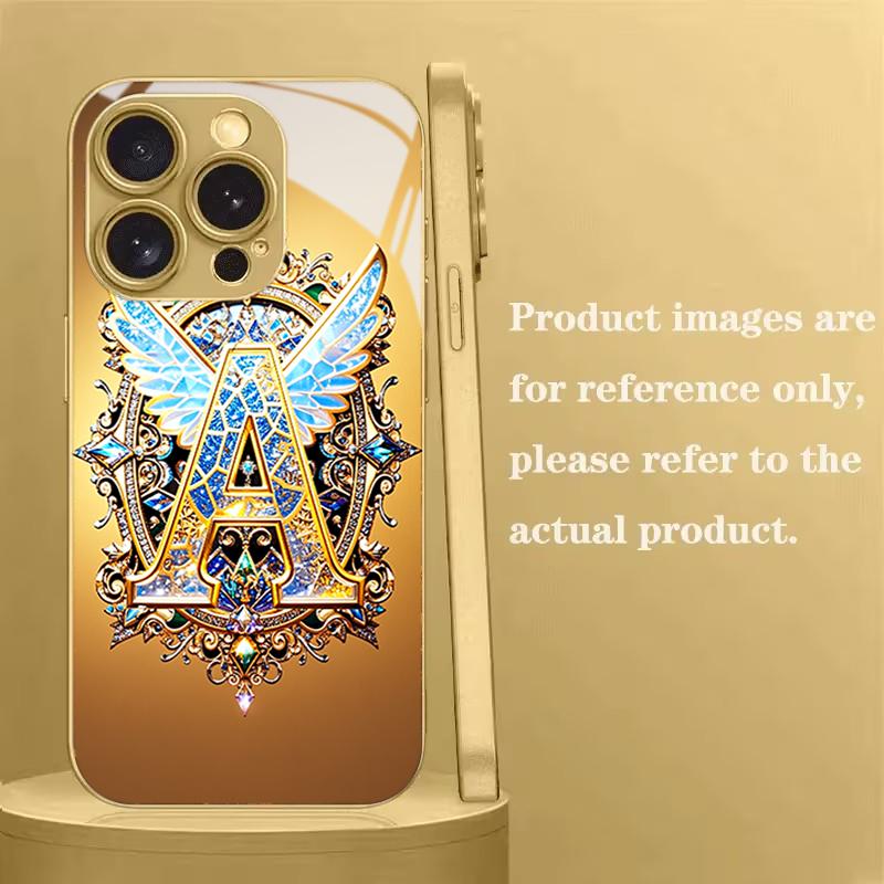 Blue Winged Gilded Letter A Tempered Glass Phone Case For iPhone 18 17 Pro Max 13 12 11 Pro Max 14 15 16 Plus 16E 17 Air Cover