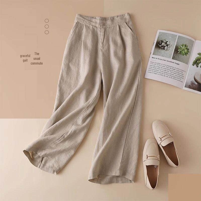 

Женские летние повседневные брюки широкие штанины в китайском стиле из хлопка и льна 2024 M for 80-100 jin