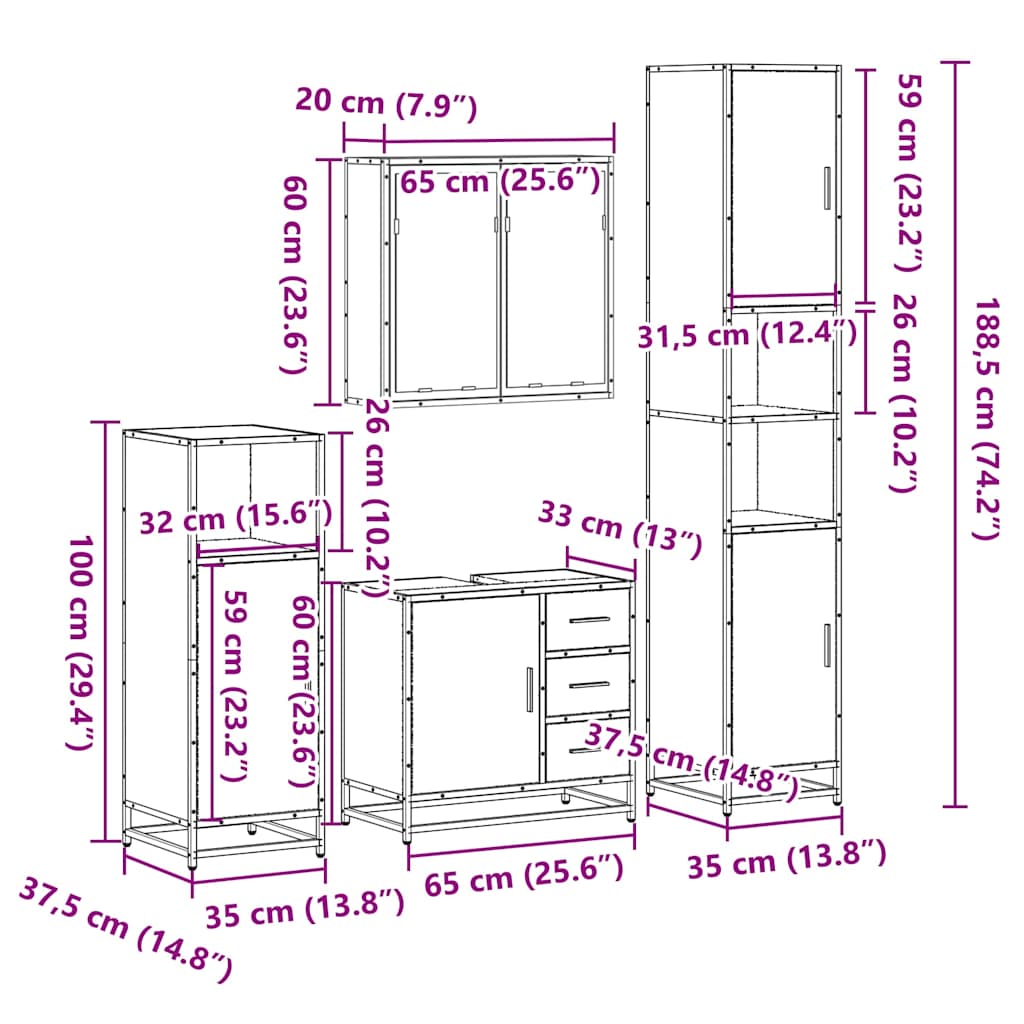 4 Piece Bathroom Furniture Set In Sonoma Oak Engineered Wood