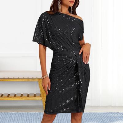 Vestido de noche con lentejuelas, un hombro, escote oblicuo, largo hasta la rodilla, corte entallado, con cordones
