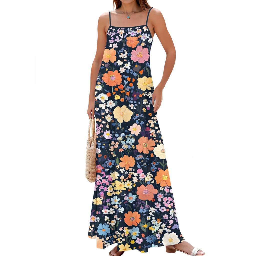 Women's Spring And Summer Casual Fashion Adjustable Suspenders Printed Long Dress