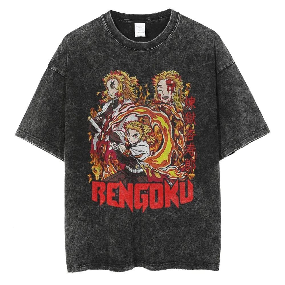 Übergroßes Vintage-Kurzarm-T-Shirt mit Säurewäsche und Demon Slayer Motiv: Kimetsu no Yaiba Inosuke Hashibira Retro Kampf Grafikdruck XXXL black