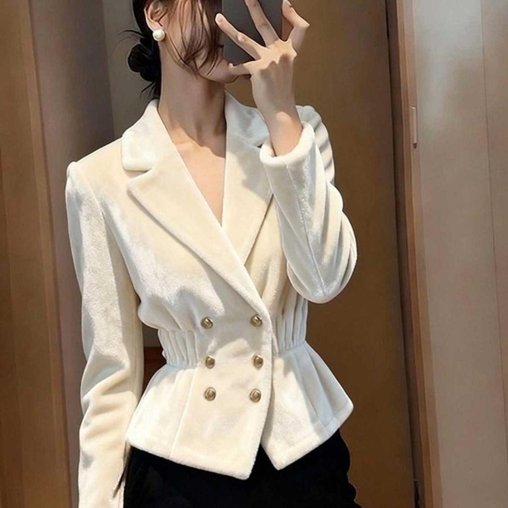 Elegant White Velvet Women's Coat - Autumn/Winter Waist-Cinched Fashion