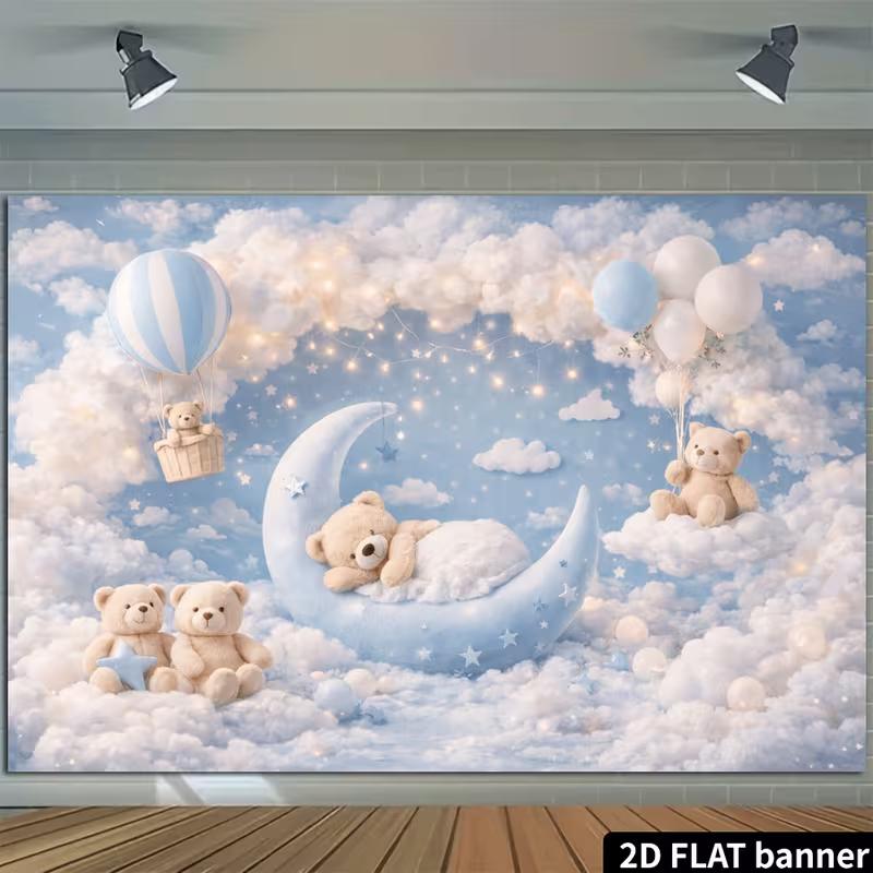 2D Cute Plush Bear Crescent Moon Cloud Photography Backdrop Banner