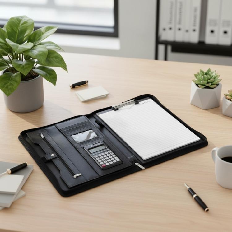 Professional Business Document Organiser Clipboard Leather Conference Folder with 12 Digit Calculator and Notepads