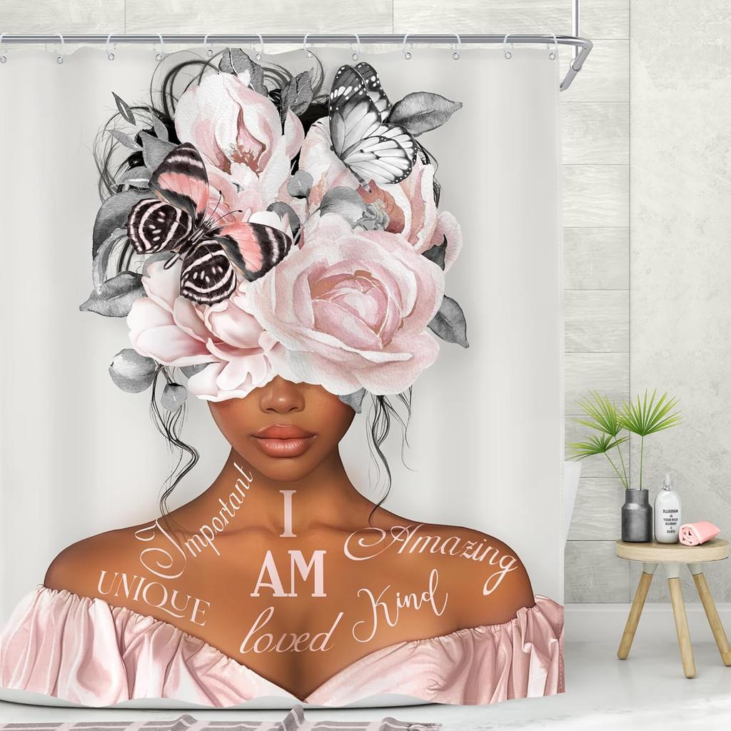 MESHELLY Black Girl Shower Curtain - Gray & Pink Peony, Motivational Quotes, Butterfly Design, Bath Decor