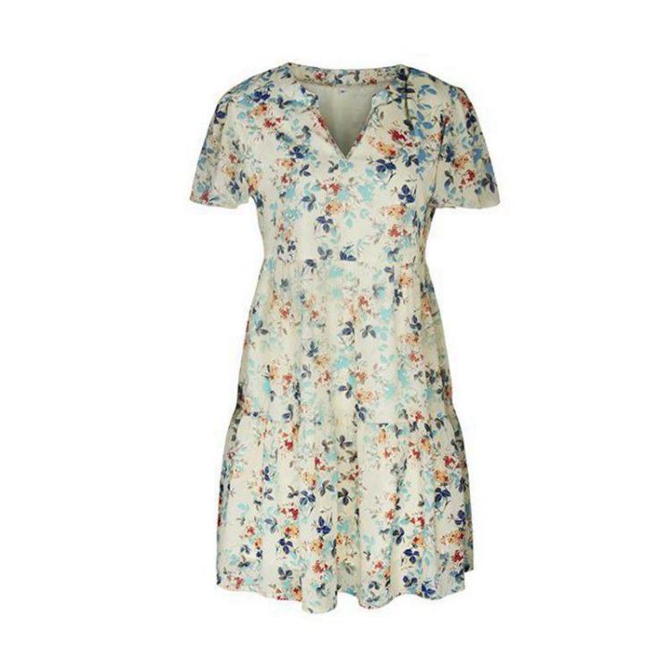Women Chic Floral Print Loose Dress V Neck Short Sleeve Spring Autumn Fashion S-XL
