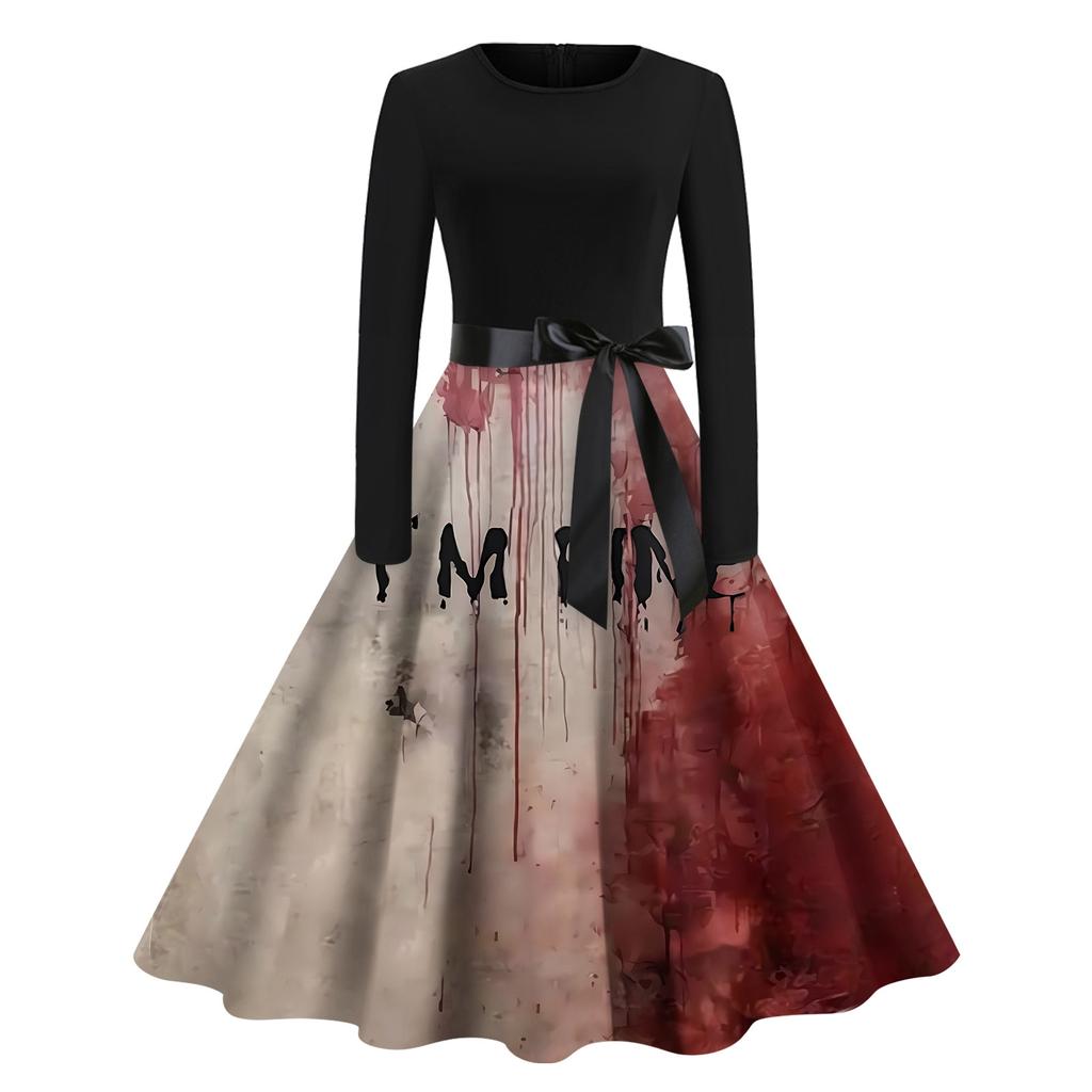 Halloween Women's Casual Fashion Round Neck Printed Vintage Dress
