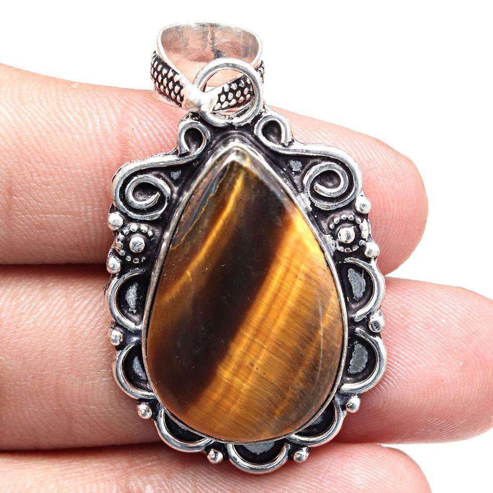 Pendant Tiger's Eye Gemstone Gift For Her Silver Jewelry 2"