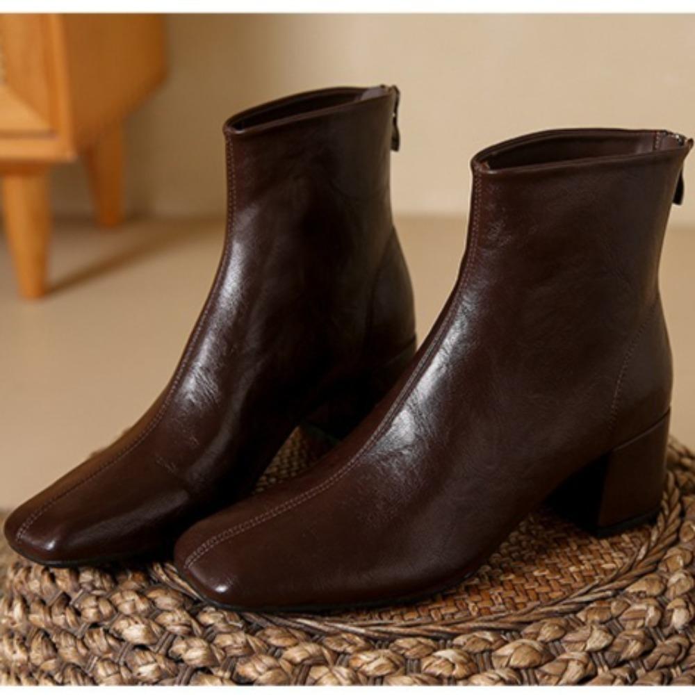 Woman Boots Square Head Short Boots Autumn 2026 Autumn and Winter New Leather Thick Heel Women's Boots