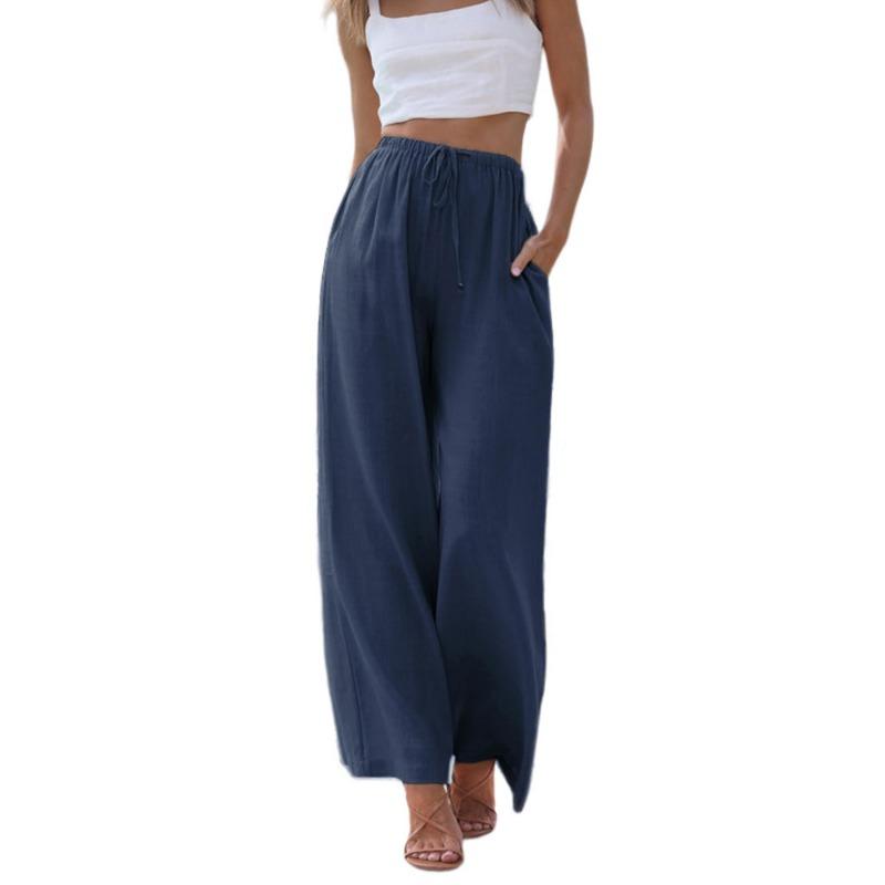 Women's Drawstring Waist Wide Leg Pants Casual Loose Linen-Look Trousers with Pockets