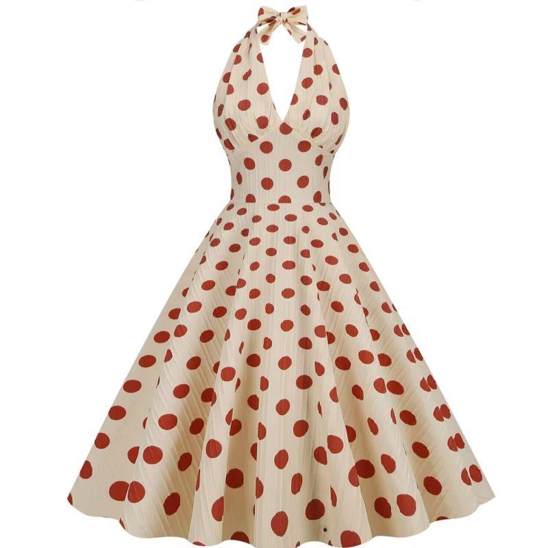

Модный стиль Весна и Лето Точка Горошек Халтер V-образный вырез Шнуровка Сексуальный Без спины Приталенный Без рукавов Платье Red S