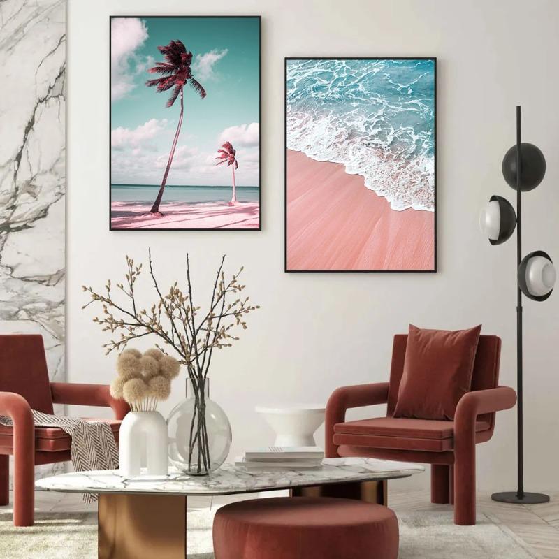 Pink Beach Ocean Landscape Canvas Painting Poster Prints Surf Coconut Tree Nordic Wall Art Picture for Living Room Home Decor