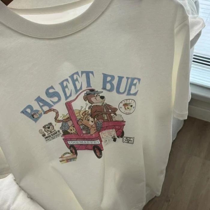 

Loose short-sleeved t-shirt women s clothing 2025 new summer cartoon printing niche Hong Kong-style chic retro top tide S
