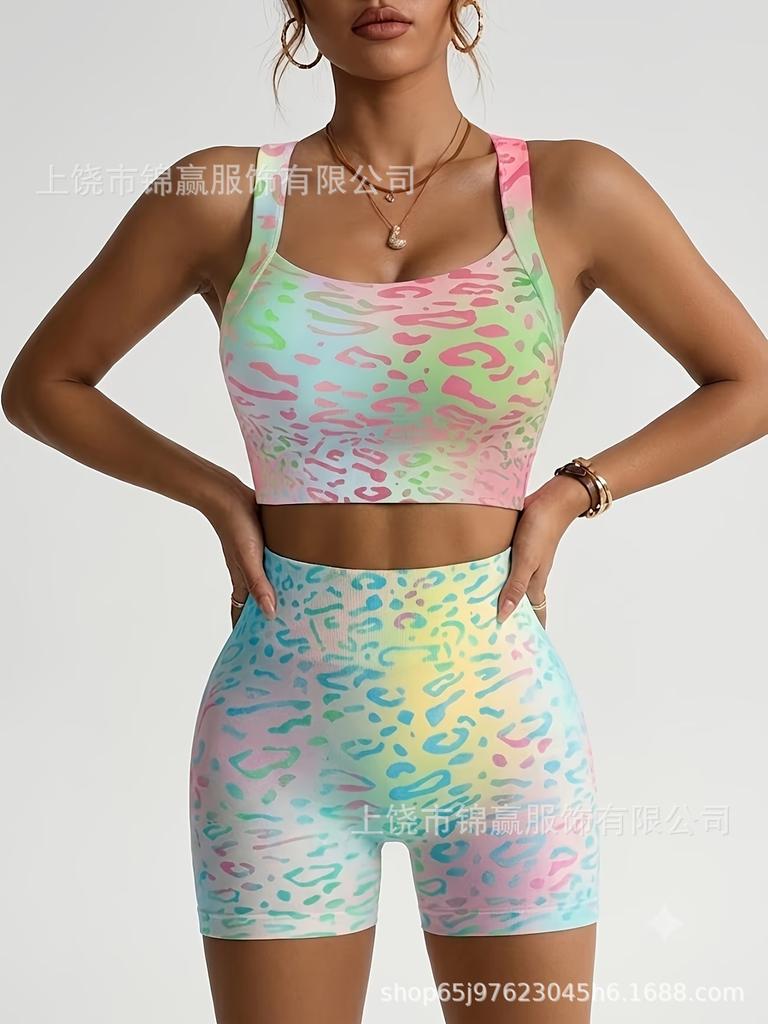 Ribbed seamless fitness wear for women, abstract graded printed camisole vest, tight five-point shorts, training sports set