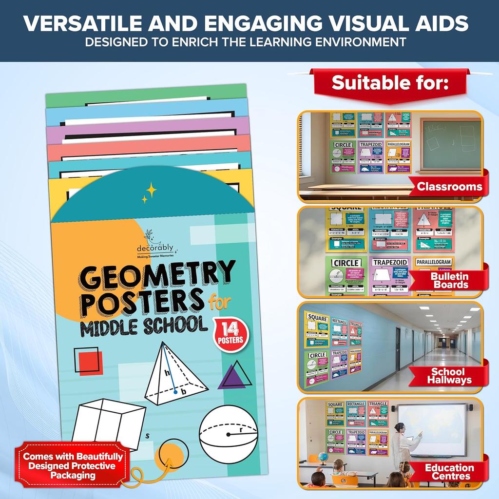 Decorably 14 Geometry Math Posters for Middle School, 11x14in Educational, Matte-Laminated Classroom Decor - for Hallways, Bulletin Boards, Home